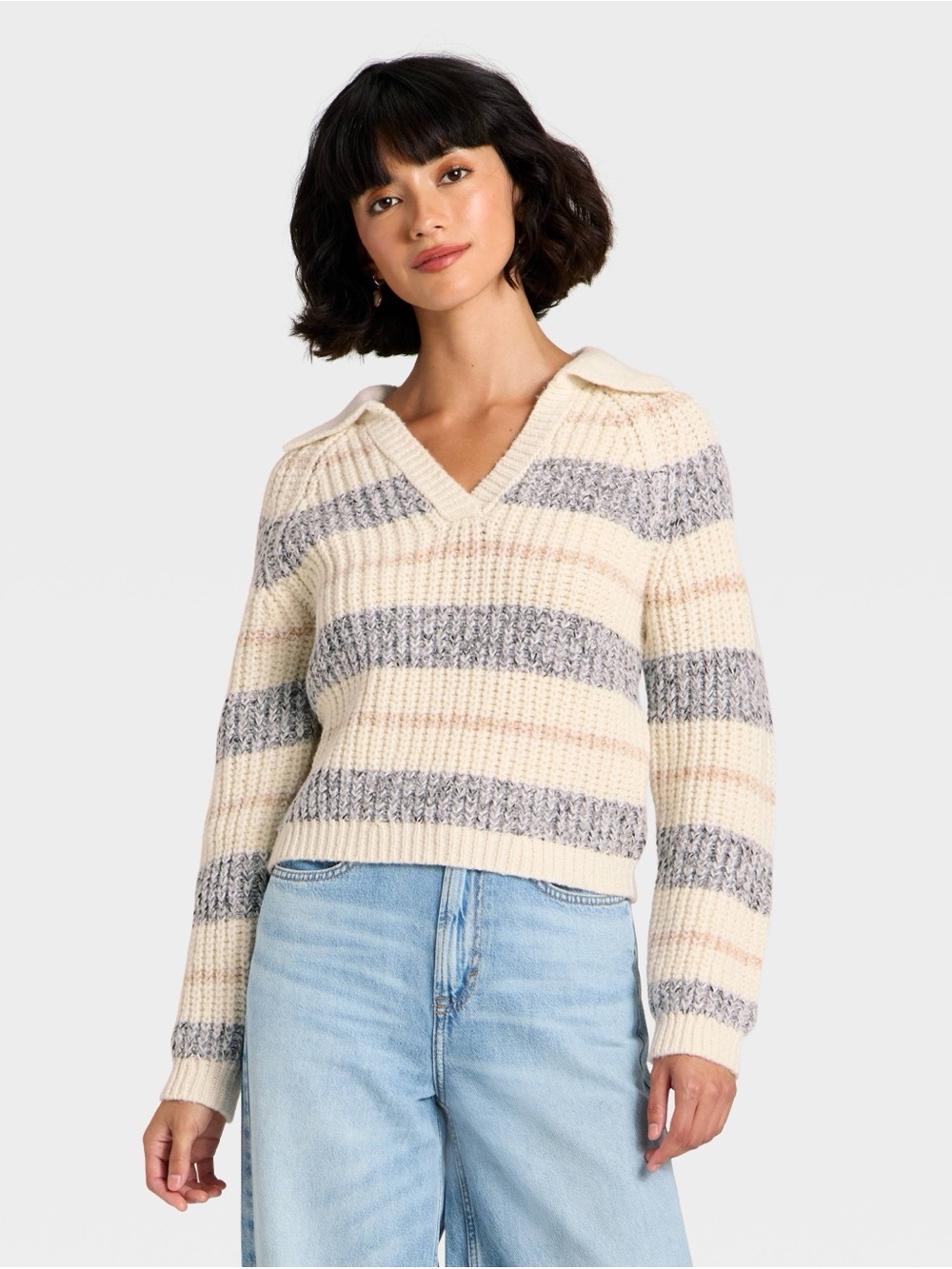 Universal Thread Long Sleeve Chunky Polo Collar Cream and Gray Pullover Sweater